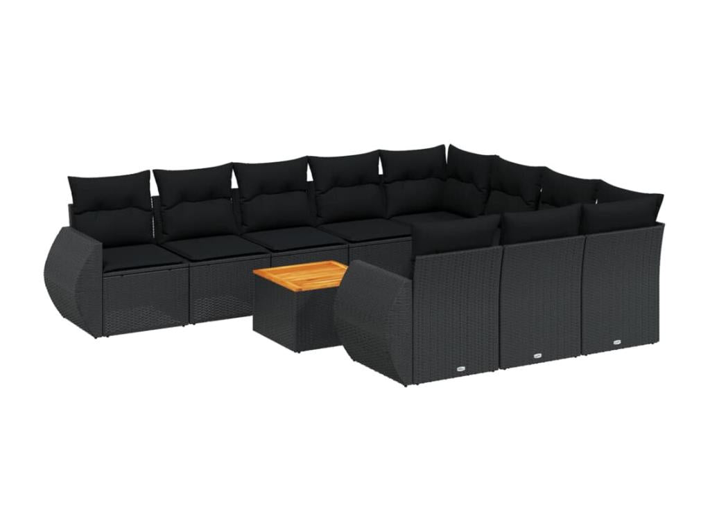 11-piece garden furniture set with cushions, black woven resin ELYV29607