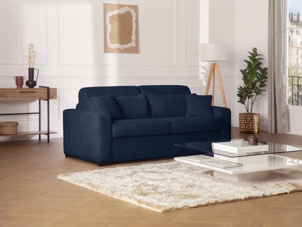 4-seater express convertible sofa in blue corduroy - Domopure wide 160cm sleeping area - 18cm mattress - Domopure UWQT50589