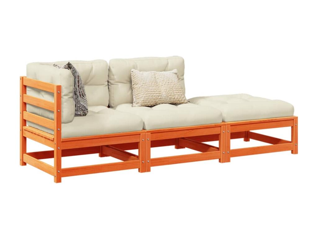 3-piece garden furniture set with cushions, brown wax finish, solid pine wood TMHD16259