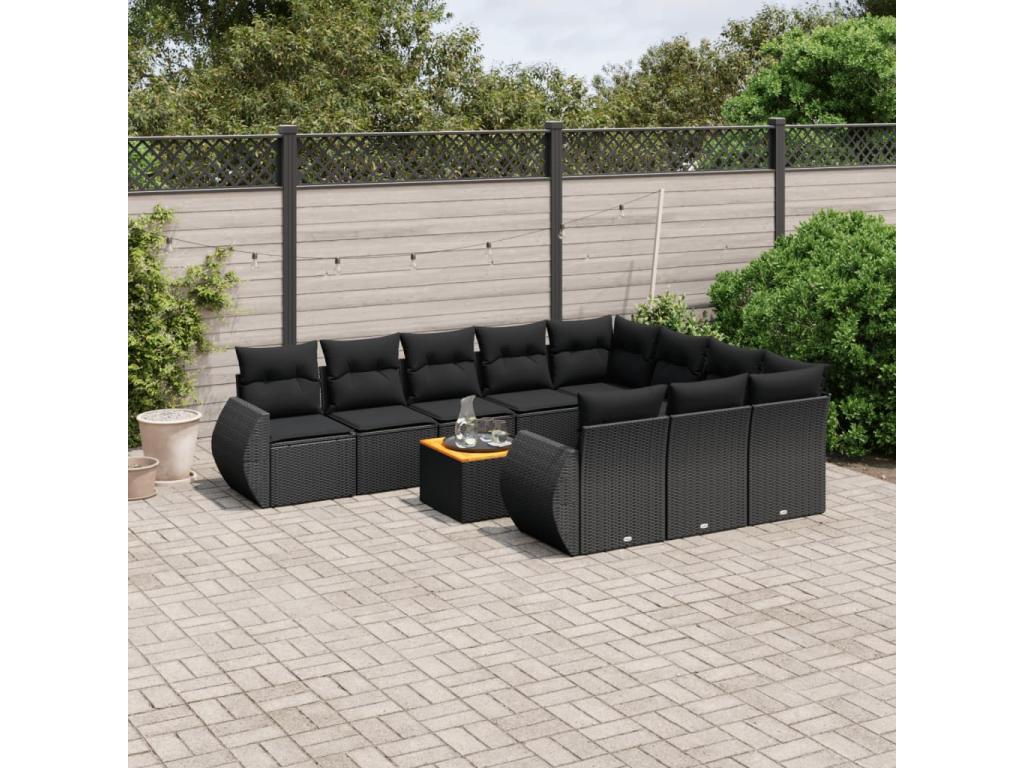 11-piece garden furniture set with cushions, black woven resin ELYV29607