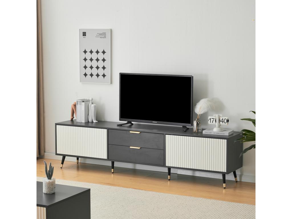 Elegant TV unit with 2 drawers, 2 doors and cable management - 200x40x50 cm - modern design - grey and white ATDL43036
