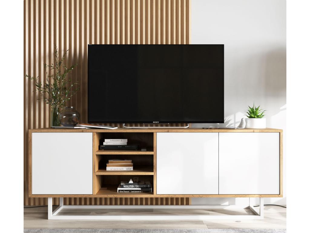 TV unit with 3 doors and 1 open shelf - Decohaute oak frame with matte white fronts - 150 cm metal frame WDHU24615