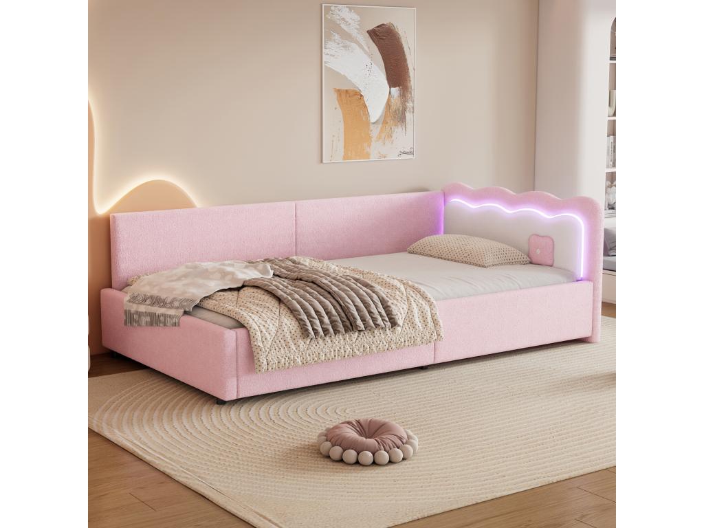 Children's bed 90x200 cm with headboard Sofa bed - LEDs - Velvet - High-quality slatted base - Pink without mattress AWSH46149
