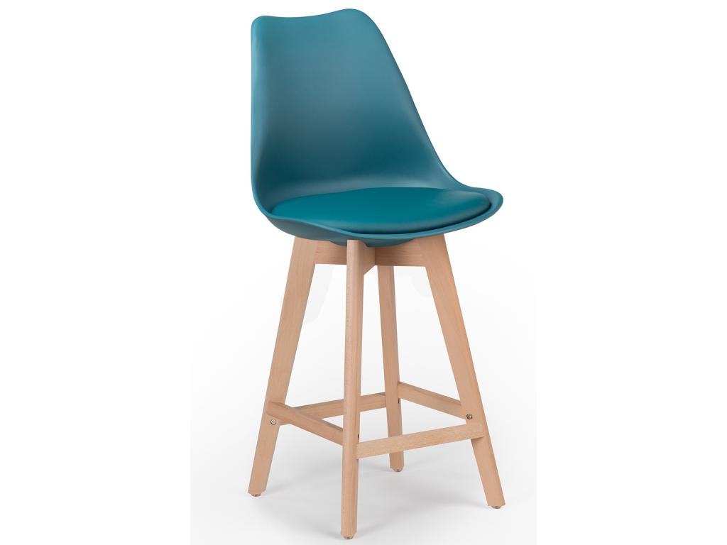 Nordic stool with duck blue faux leather cushion and light beech legs Domopure 67cm SXQE26145