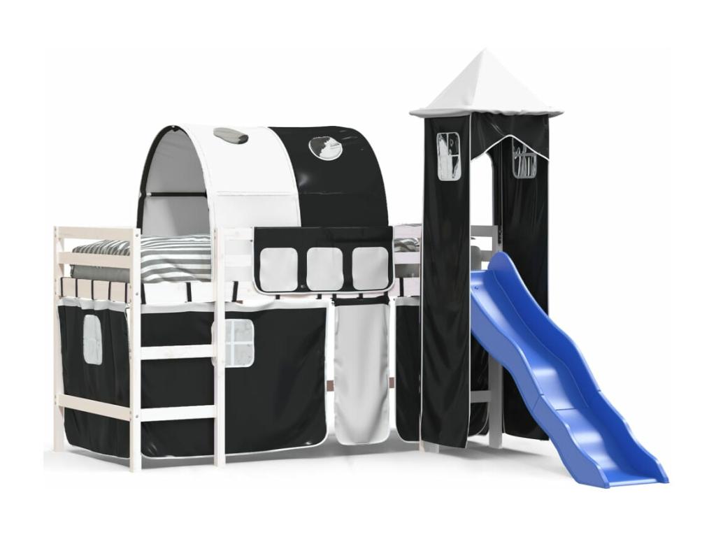 Children's loft bed and tower, white/black, 90x200 cm, solid pine, YTUP47762