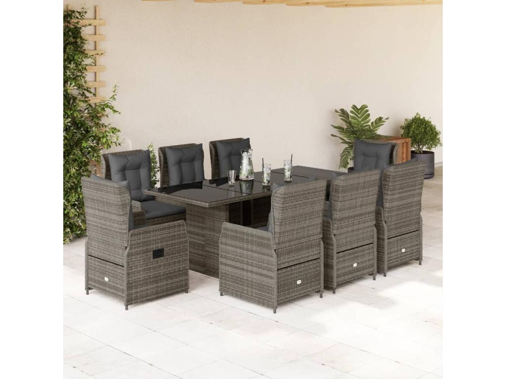 9-piece garden dining set with grey resin wicker cushions SKMH10625
