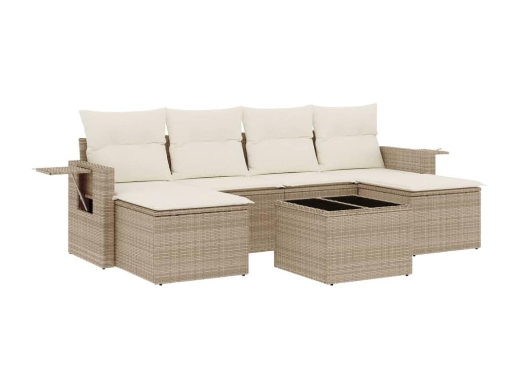 7-piece garden furniture set with cushions, beige woven resin QSSM07095