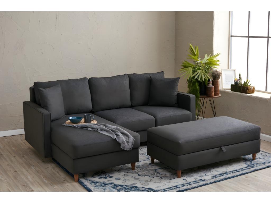 Left-hand corner sofa bed with storage ottoman, Decohaute, Anthracite Grey Fabric DTQH69674