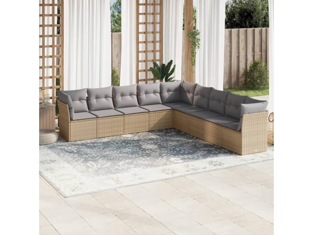 ERBA87570 9-piece beige resin wicker garden furniture set with cushions