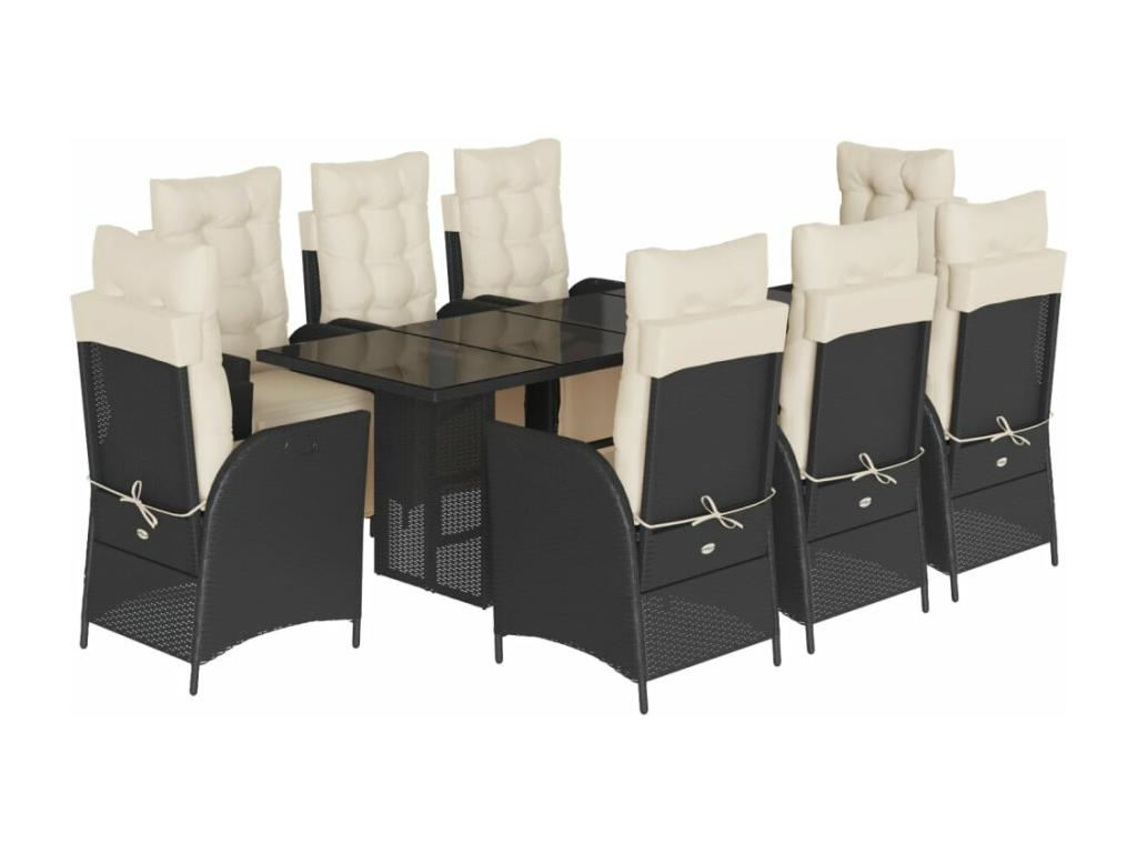 9-piece garden dining set with cushions, black resin wicker HTMF67419