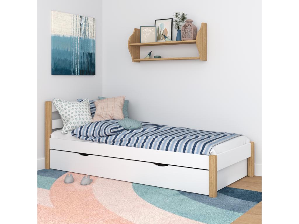 Single wooden bed - with drawer N01 White / Natural Oak 100x180 NMLZ54480