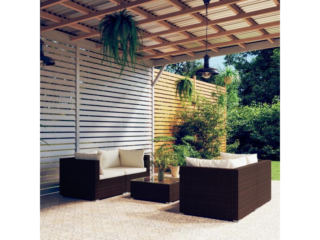 5-piece garden furniture set with cushions, brown woven resin GUBM02552