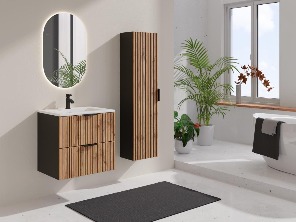 Wall-mounted bathroom cabinet - Light natural and black - H140 cm - Decohaute RXWX69029