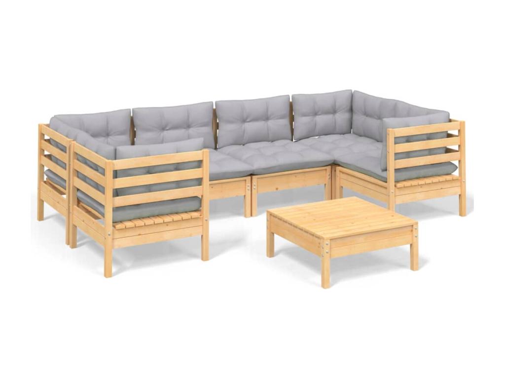 7-piece garden furniture set with grey pine wood cushions VGRJ58357