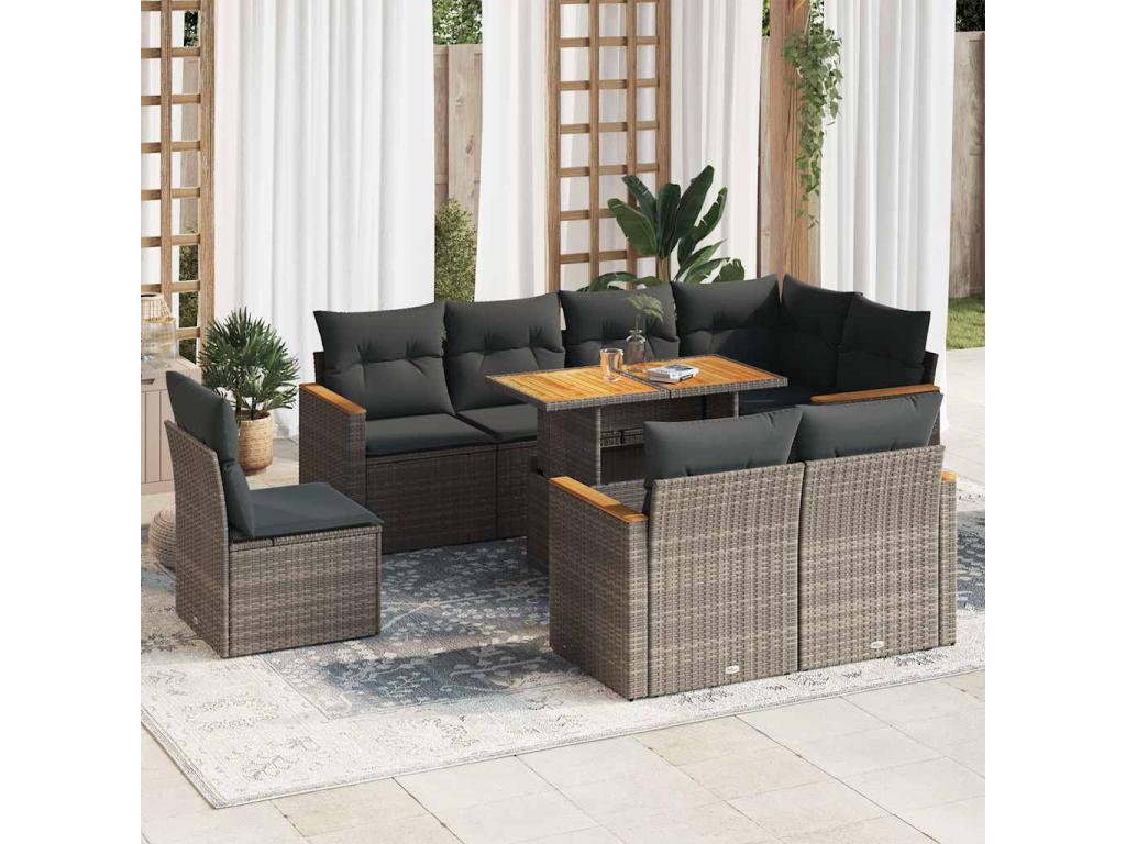 Decohaute XZFM56295 9-piece grey resin wicker garden furniture set with cushions