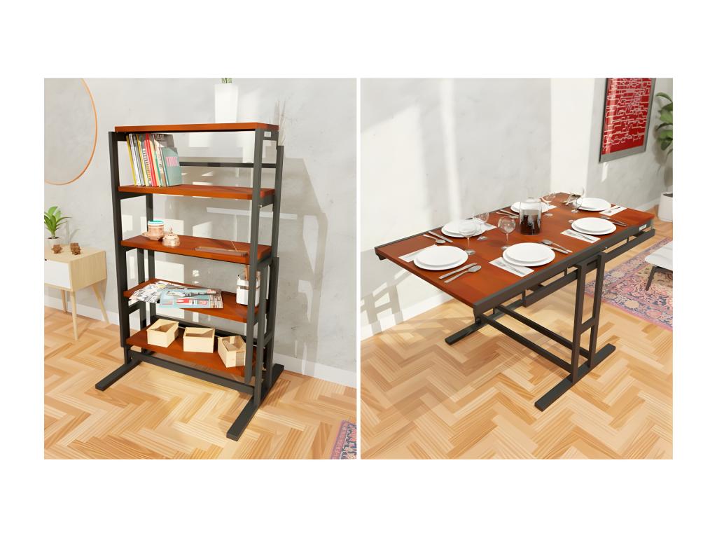 Modular wooden shelf H125 x W78 x D62 cm convertible into a table - industrial style - natural oak color JMHD30385