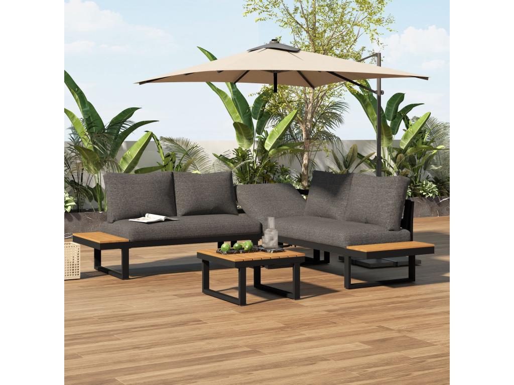 Garden relaxation set, corner position, adjustable chaise lounge, 5 adjustable positions, max - 55, with coffee table, grey/black ETRE04242
