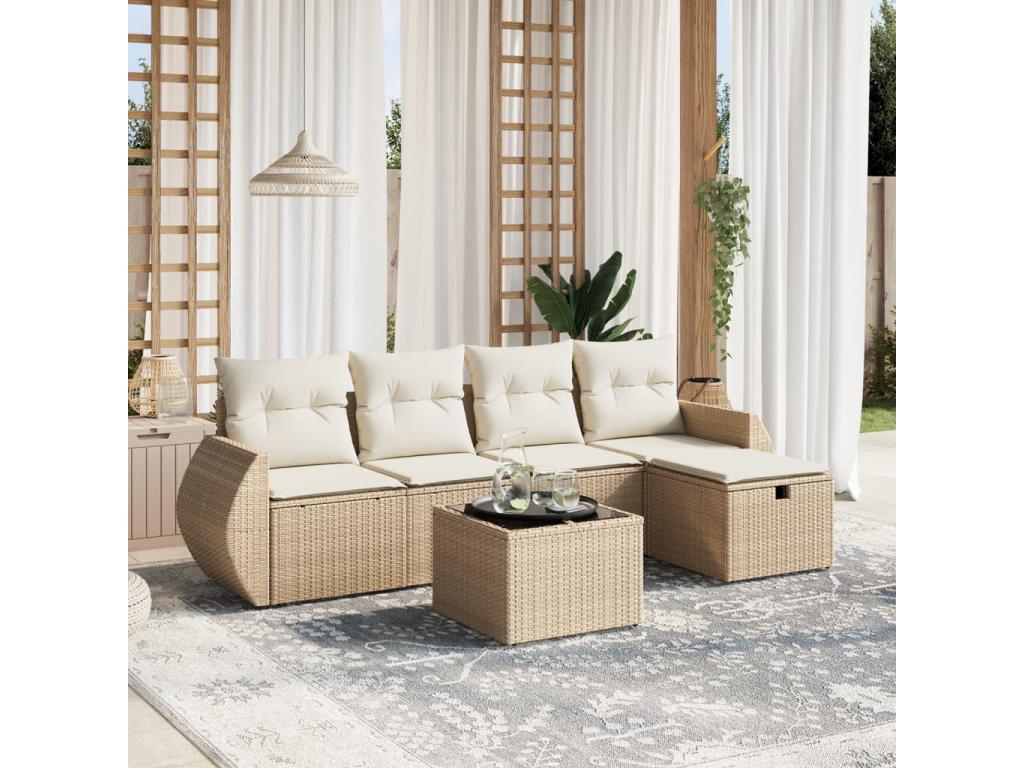 Garden furniture set with cushions, 6 pieces, beige woven resin, PJIG72035