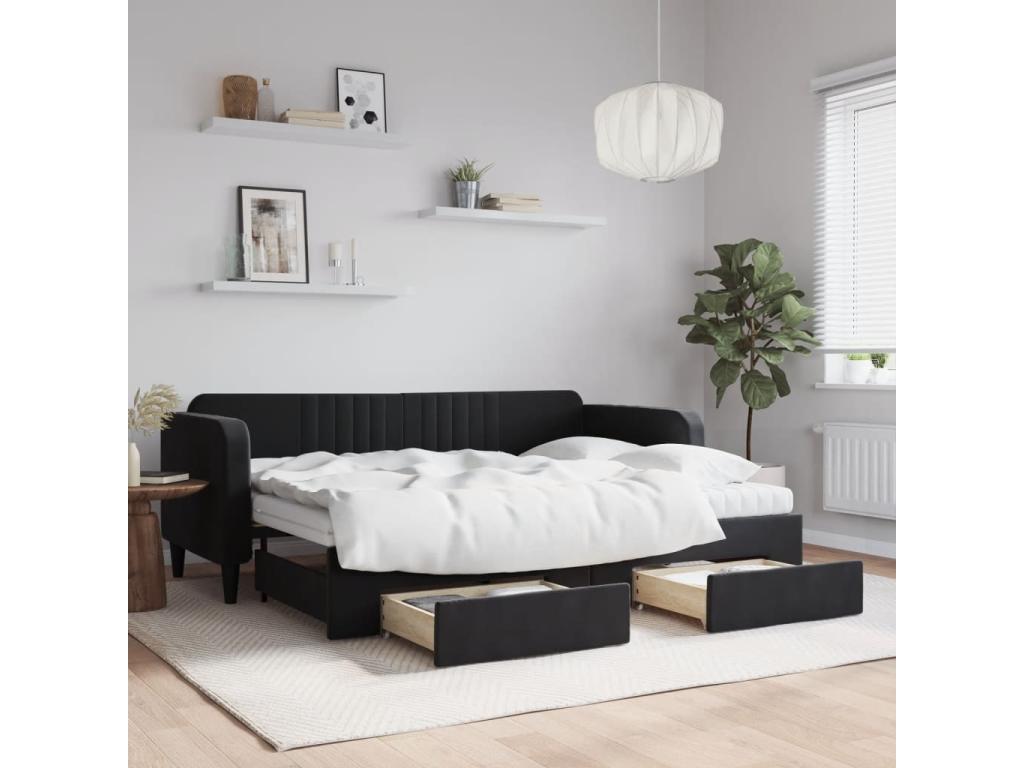 Daybed with pull-out bed and drawers, black, 80x200 cm, velvet, NONX26767