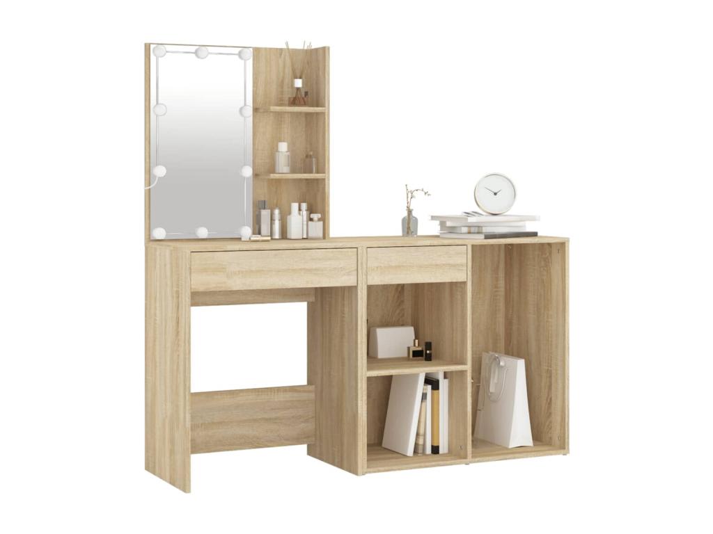 LED dressing table with cabinet, Oak finish, Decohaute engineered wood, VSJR91686