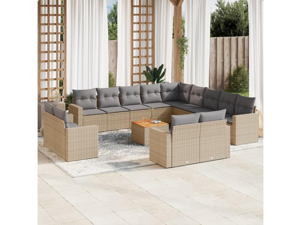14-piece garden furniture set and cushions, meDomopure beige woven resin DOBI98500