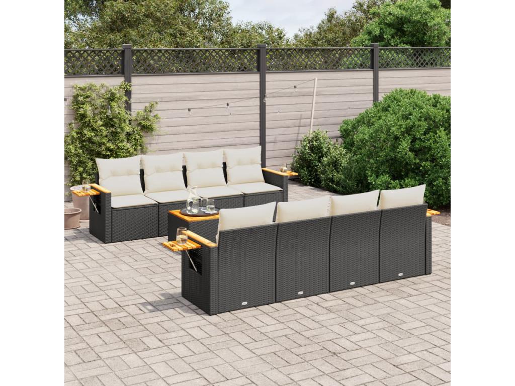 9-piece garden furniture set with cushions, black woven resin SMOX69205