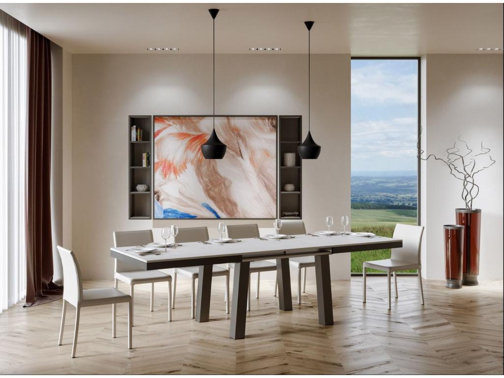 Extendable table for 6 to 20 people, L 160 to 420cm, white with anthracite metal frame, Decohaute ZFYV50920