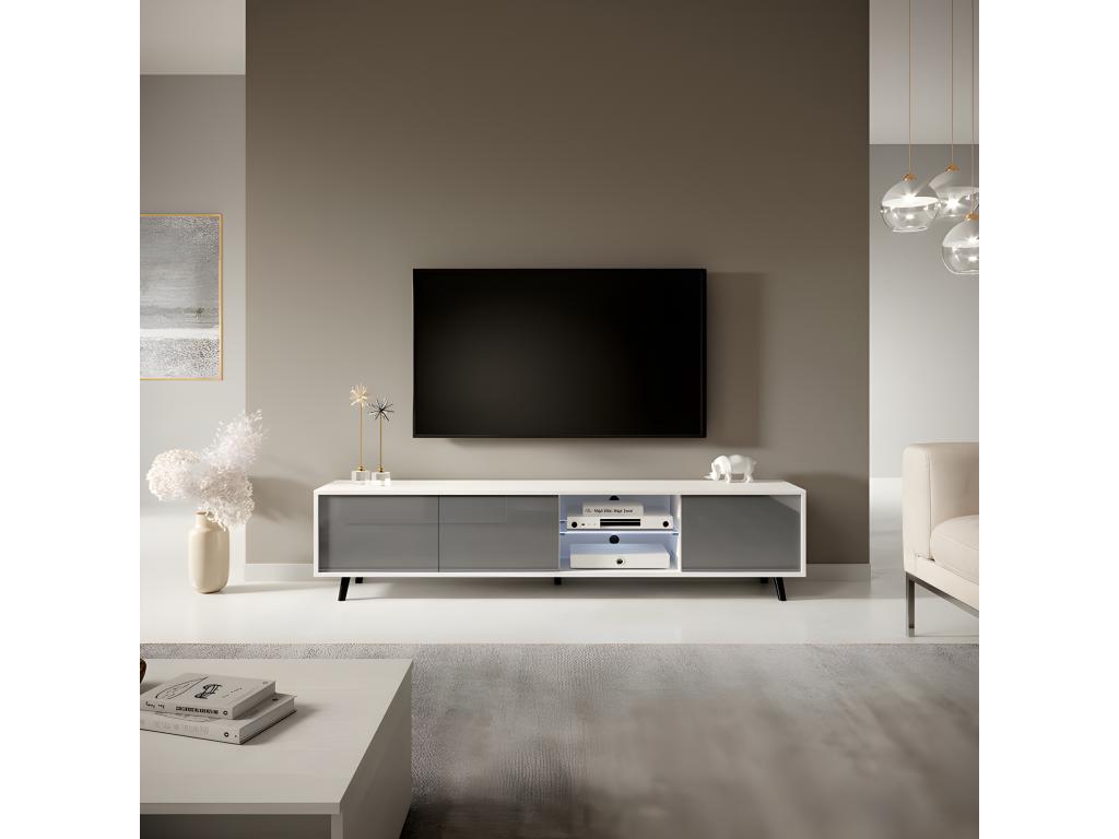 TV stand / TV bench - matte white / glossy grey 175 cm with LED lighting - Decohaute GKMP59854