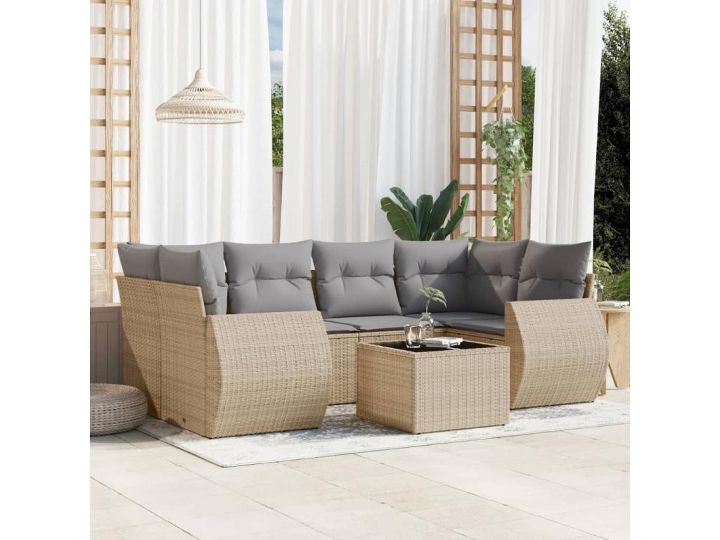 7-piece garden furniture set with cushions, beige woven resin XWDW78541