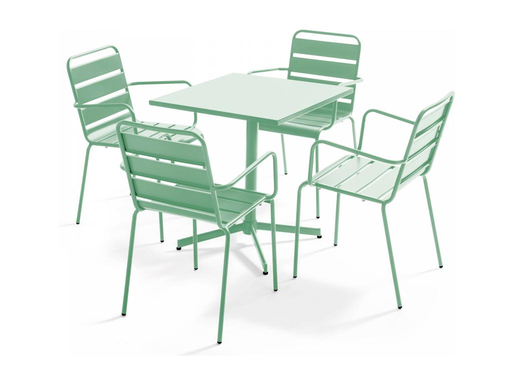 Garden table and 4 chairs in sage green metal - Domopure CIMM78279