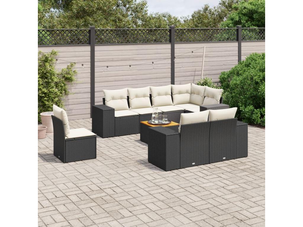 9-piece garden furniture set with cushions, black resin wicker UUBN26076