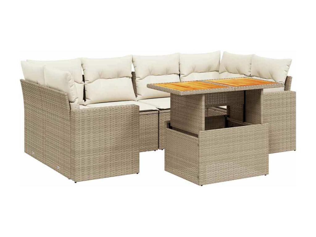 7-piece garden furniture set with cushions, beige woven resin UHLP11604