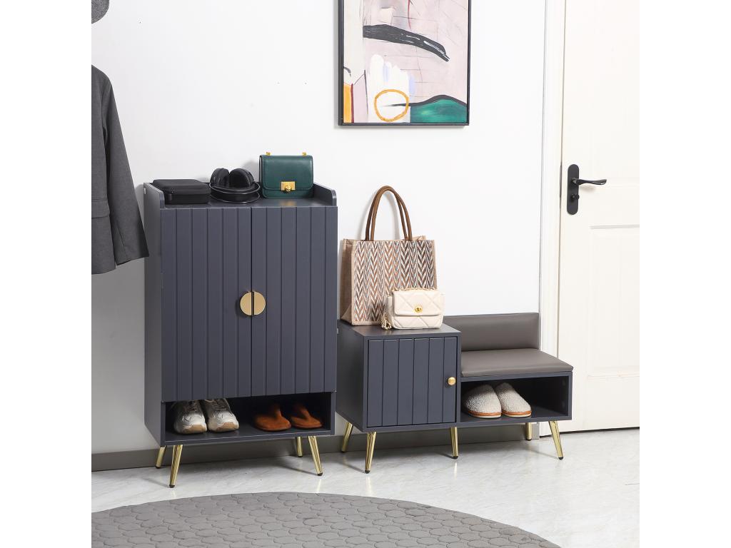 Domopure style shoe cabinet/bench/shoe storage unit with decorative cupboard/niche, bench seat/backrest, PU leather, gold steel, grey panels SJWY62739