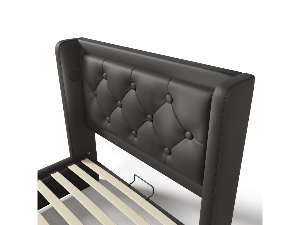 Upholstered storage bed 90x200 cm in faux leather - with charging function and LED at the foot of the bed - Black BNHP88747