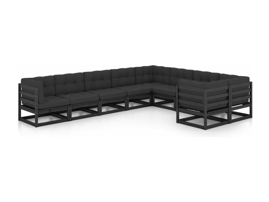9-piece garden furniture set with cushions, black solid pine wood OKNI64921
