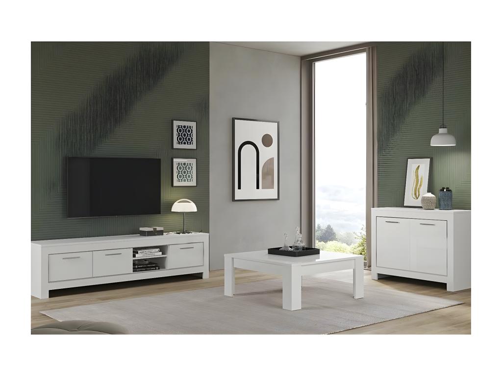 Decohaute - High Gloss White Lacquered Living Room Set TV Stand 2-Door Sideboard Square Coffee Table JDRR00409