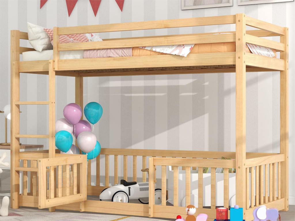 Double bunk bed - 2x90x200 cm - guardrails and door - solid wood - natural color XYDN30583
