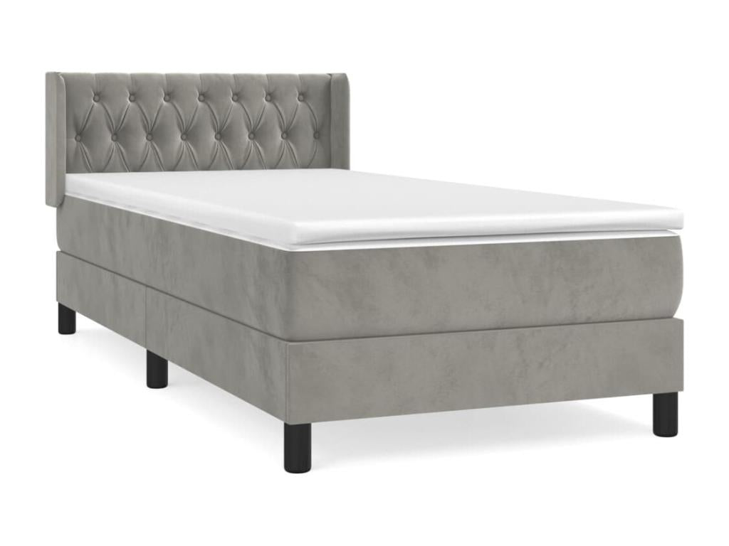 Upholstered bed base and mattress, light grey, 90x200 cm, velvet, KTJL81449