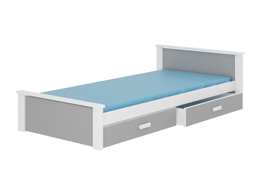 Children's bed in white and light grey pine wood, 90x200cm, with 2 storage drawers, Decohaute AQYW06570