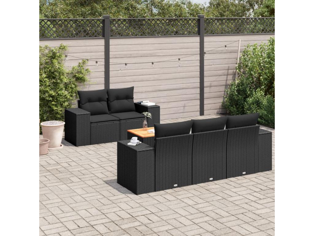 6-piece garden furniture set with cushions, black woven resin FYDH60157