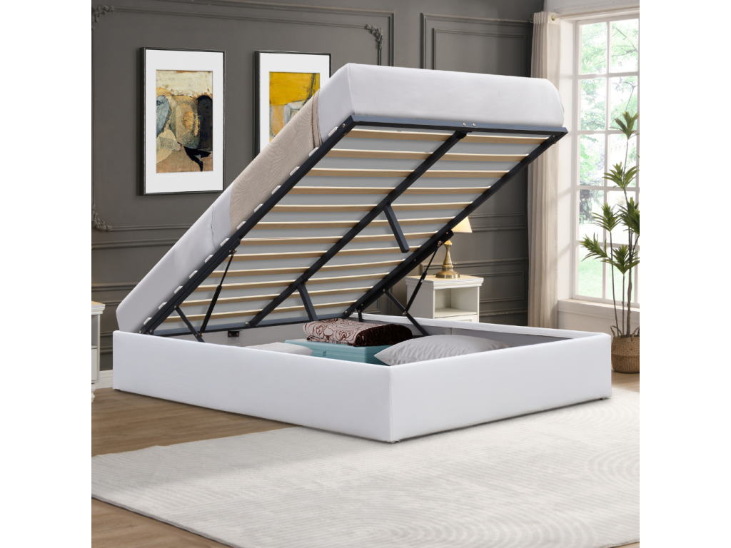 White 120x200 cm Storage Bed with Removable Cover and Legs - Domopure - Quick and Easy Assembly - Easy-Care PVC Faux Leather Upholstery YYAC08171