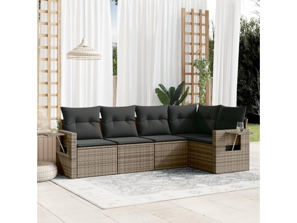 5-piece garden furniture set with grey resin wicker cushions UFNC20104