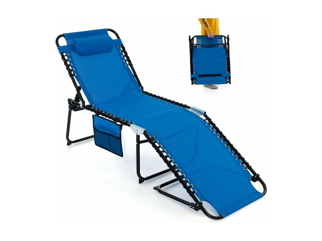 Folding Chaise Lounge with Removable Headrest, 4-Position Adjustable Backrest, Rustproof Steel for Chicyla Terrace, Blue ILQP90016