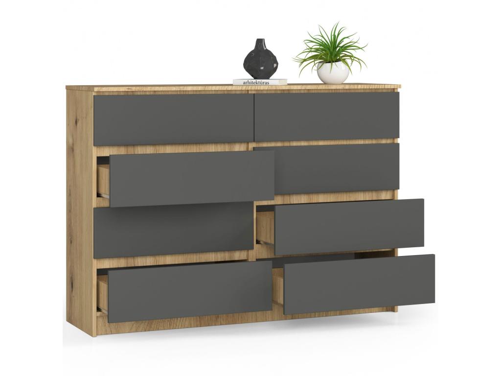 Decohaute K140 Oak Chest of Drawers, 138 cm, 8 Drawers, Graphite Grey Front, 138x40x99 cm, YFHT55099