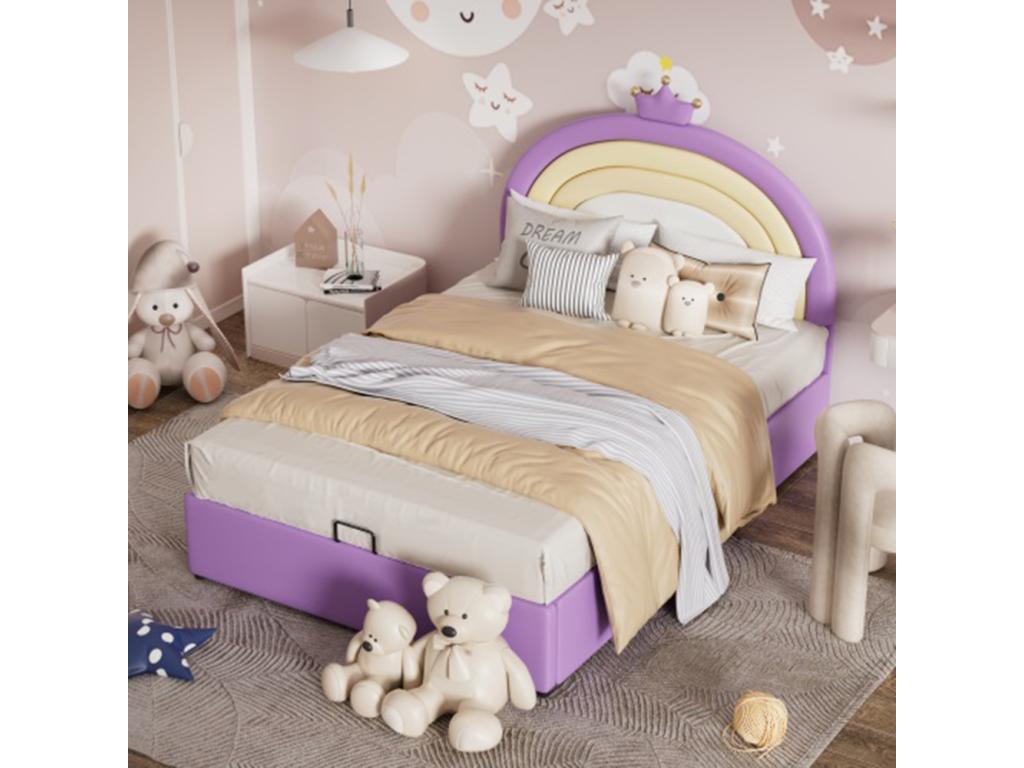 Children's Bed, Upholstered Bed 140x200, Hydraulic Bed, Youth Bed with Domopure Slatted Base and Height-Adjustable Headboard, Light Purple PU Leather KTXS42488