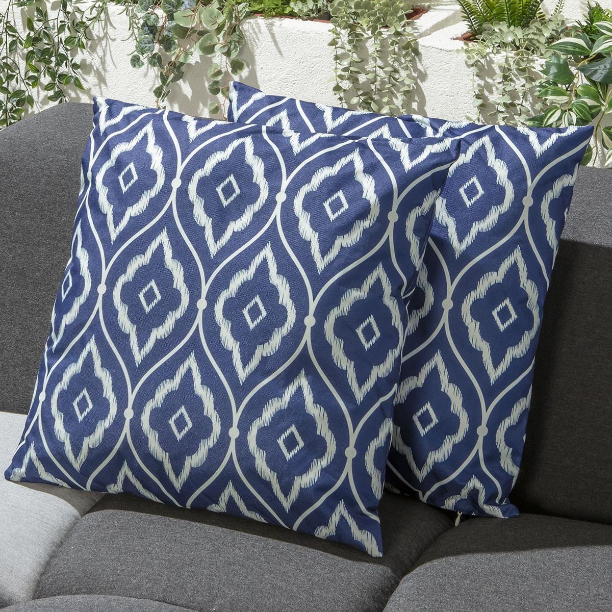 2 Navy & White Pattern Outdoor Cushions 45cm