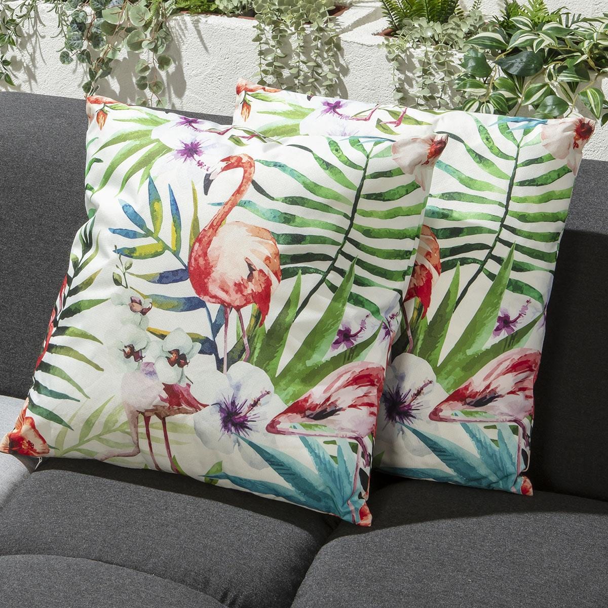 2 Tropical Flamingo Outdoor Cushions 45cm