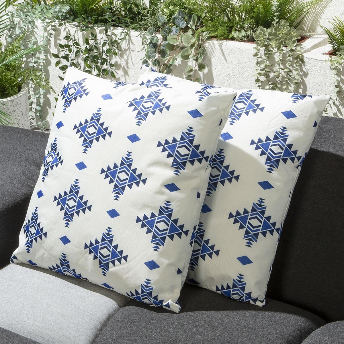 2 White & Blue Pattern Outdoor Cushions 45cm