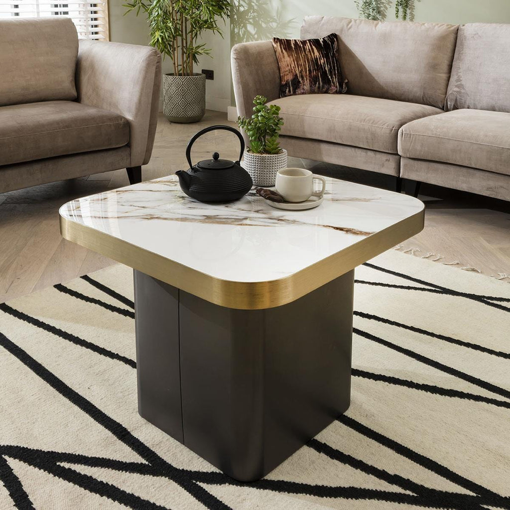 ExDispaly Luxurious Ceramic Marble Side Lamp Table with Metal Trim - White & Gold 65cm Square (Copy)