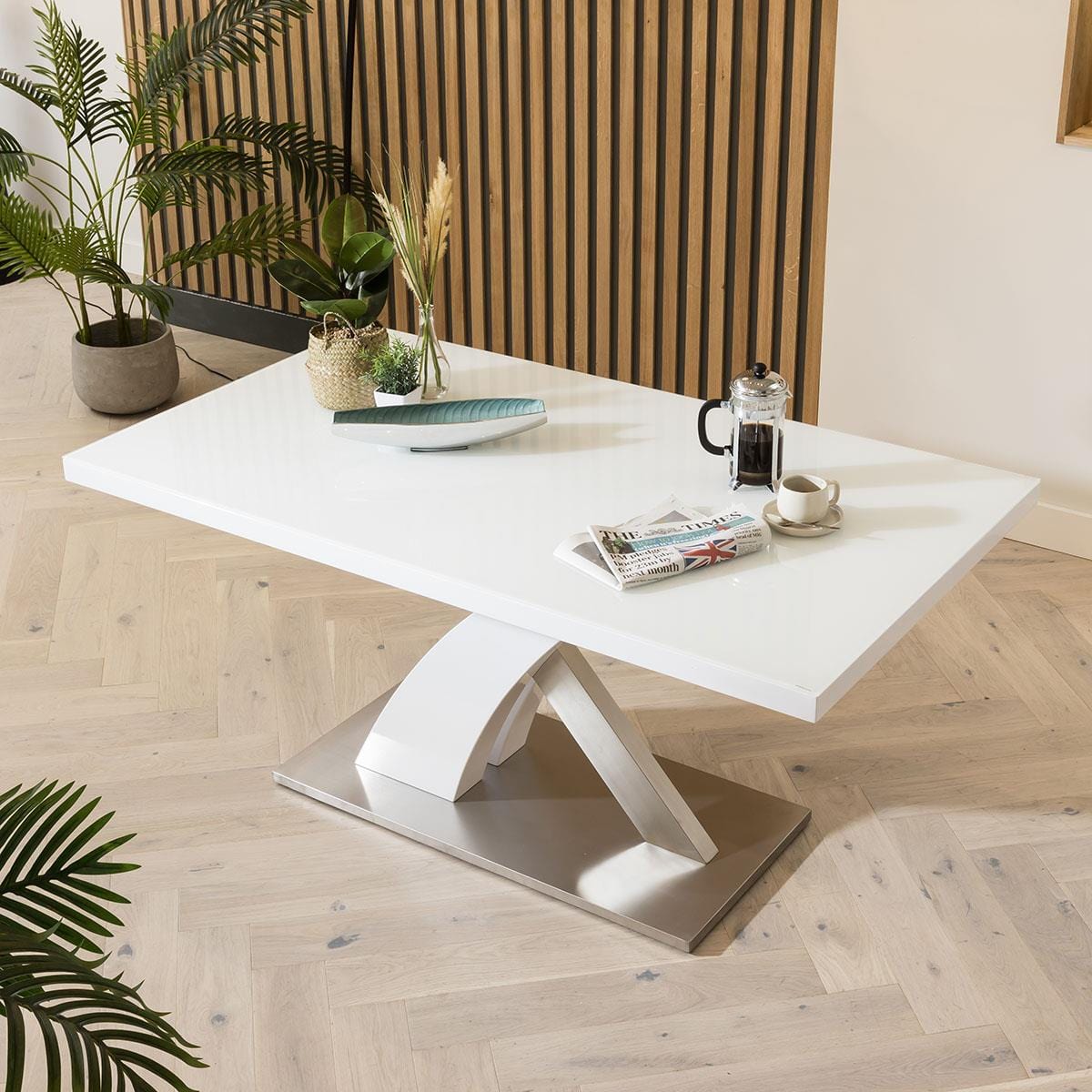 Modern Dining Table White glass Top / White Gloss X Base 1600 x 900mm